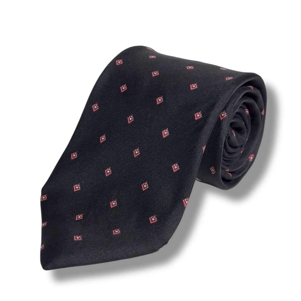 CHRISTIAN DIOR Black Silk Tie Small Red Diamond Pattern VINTAGE